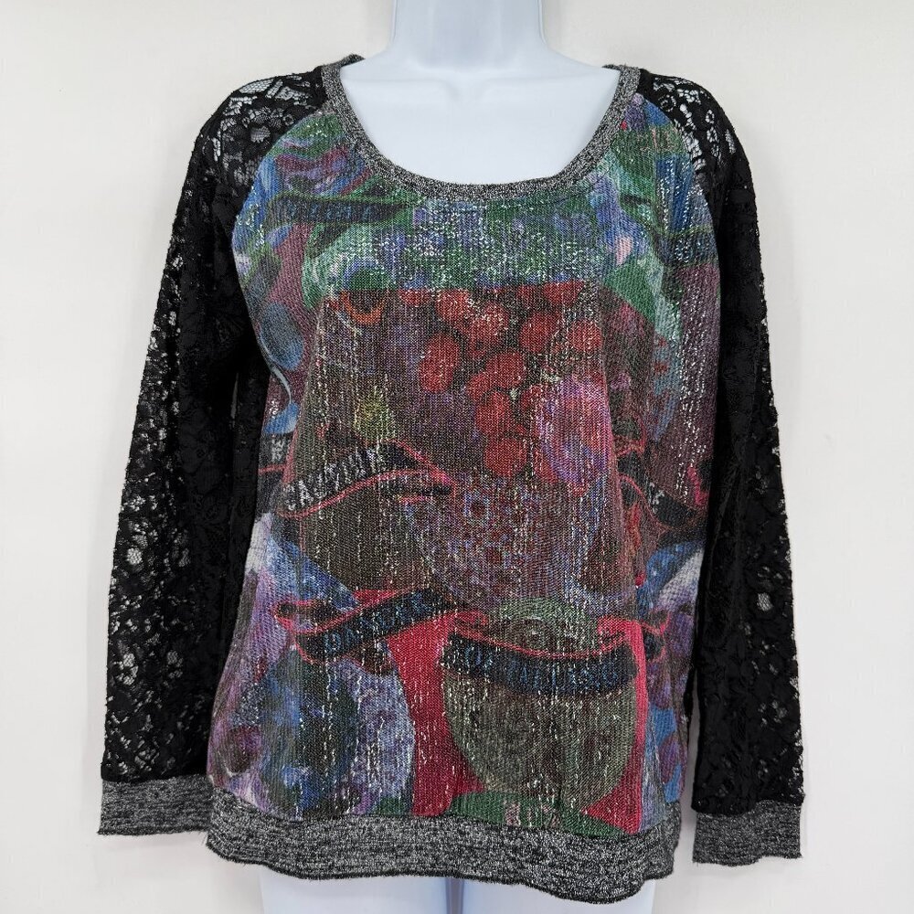 Custo Barcelona “Danger Caution” Graphic Sequin Lace Statement Spring Top 2